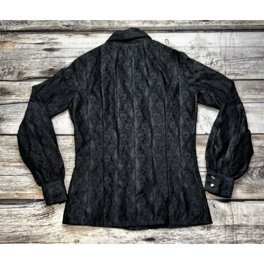 Vintage 60-70's MALBE Black Textured Blouse Womens Size 8 Button Front LS Lace - Picture 6 of 7